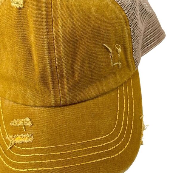High Ponytail Baseball Cap CC Exclusives Marigold Yellow Distressed Womens OS - Picture 4 of 10
